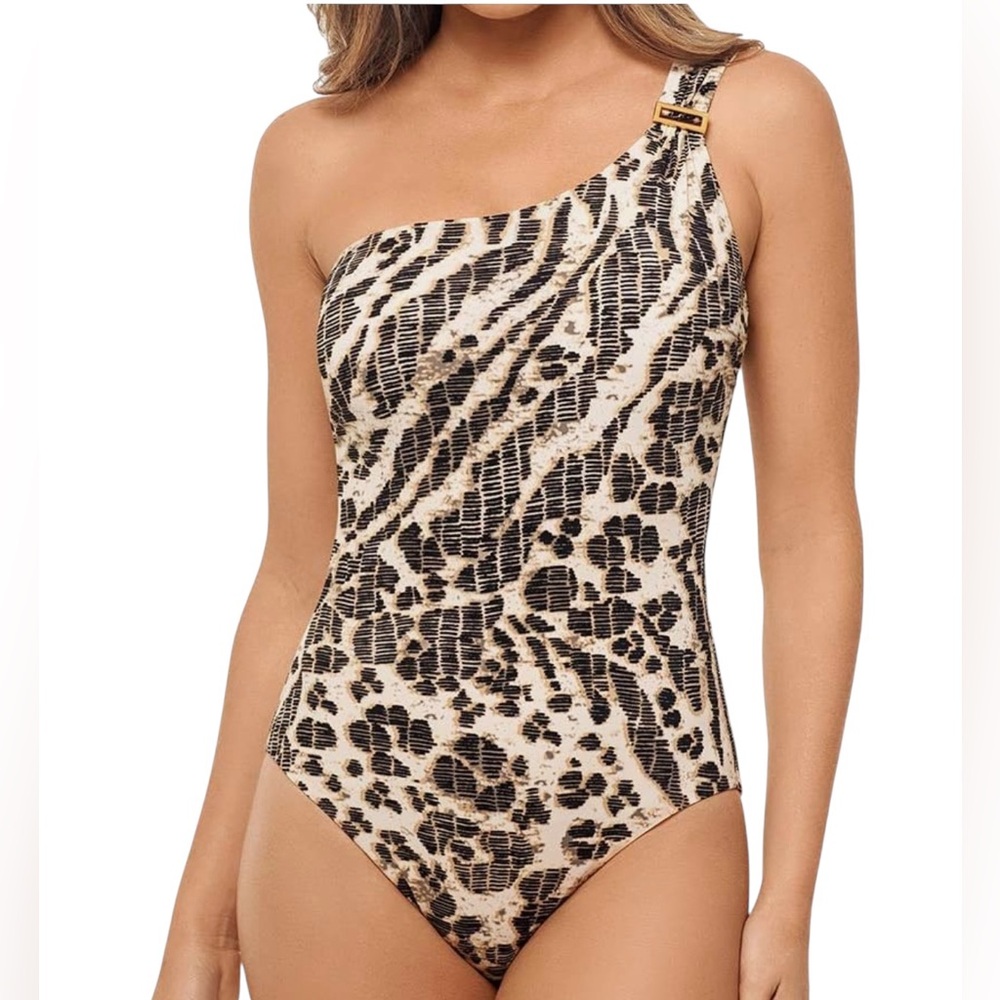 Miraclesuit One-Shoulder Animal Print One-Piece Swimsuit in Beige and Black